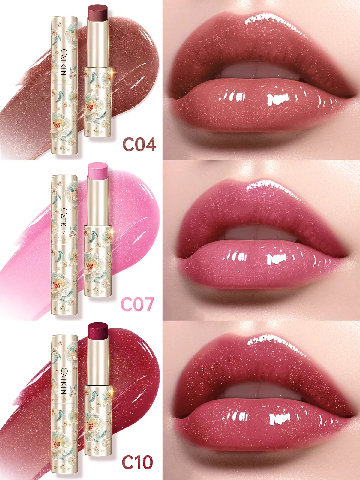 CATKIN 3PCS Glossy Lip Balm Set | Mirror Shine 12H Hydration Lip Balm Set PRIMED C04 C07 C10