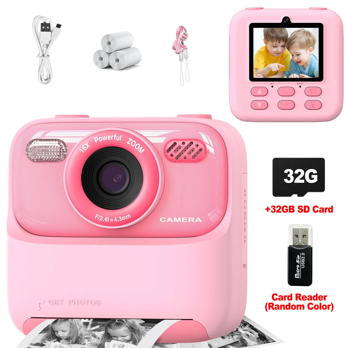 Kids Instant Print Camera 1080P HD | 58mm Thermal, Ages 3–12 Kids Instant Camera PRIMED PK 3Rolls 32G Card