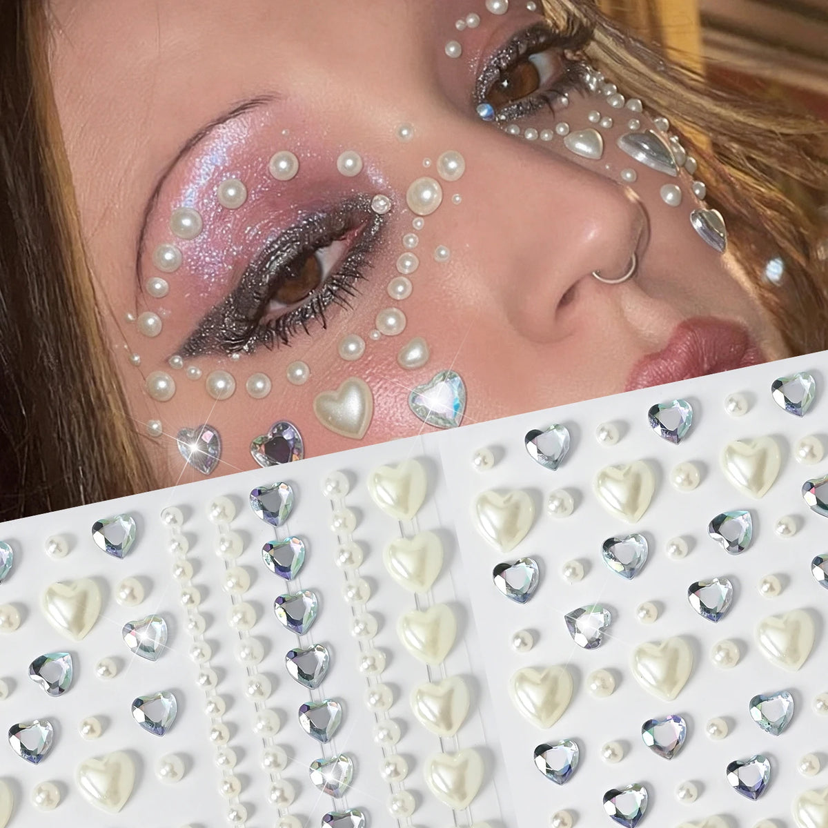 Heart Pearl Face Gem Stickers – Rhinestone & Diamond Decals Face Gem Stickers PRIMED
