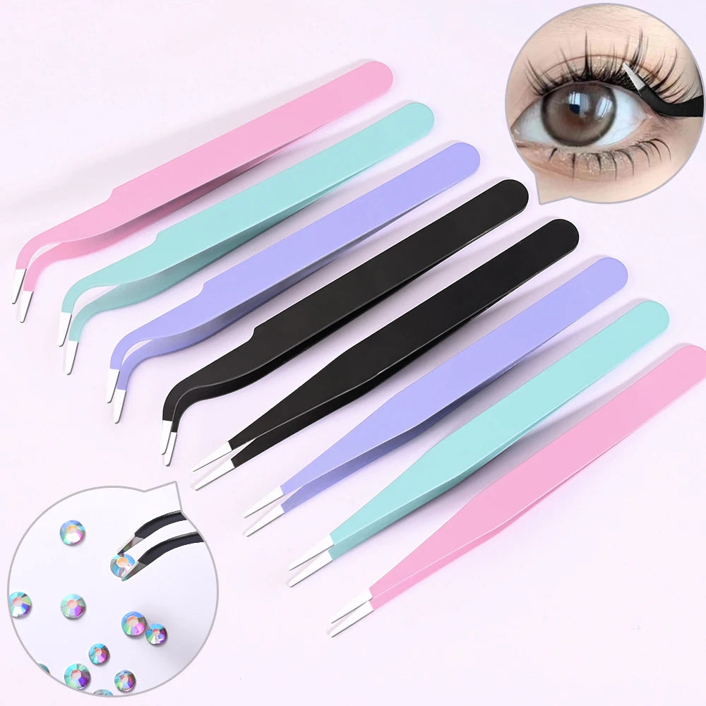 Rhinestone Eyelash Tweezers Stainless Steel Nail Art Set
