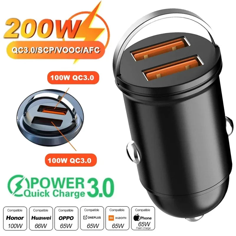 Mini 200W Car Charger PD QC Fast Charging – Multi-Device Car Phone Charger PRIMED 200W 2 USB