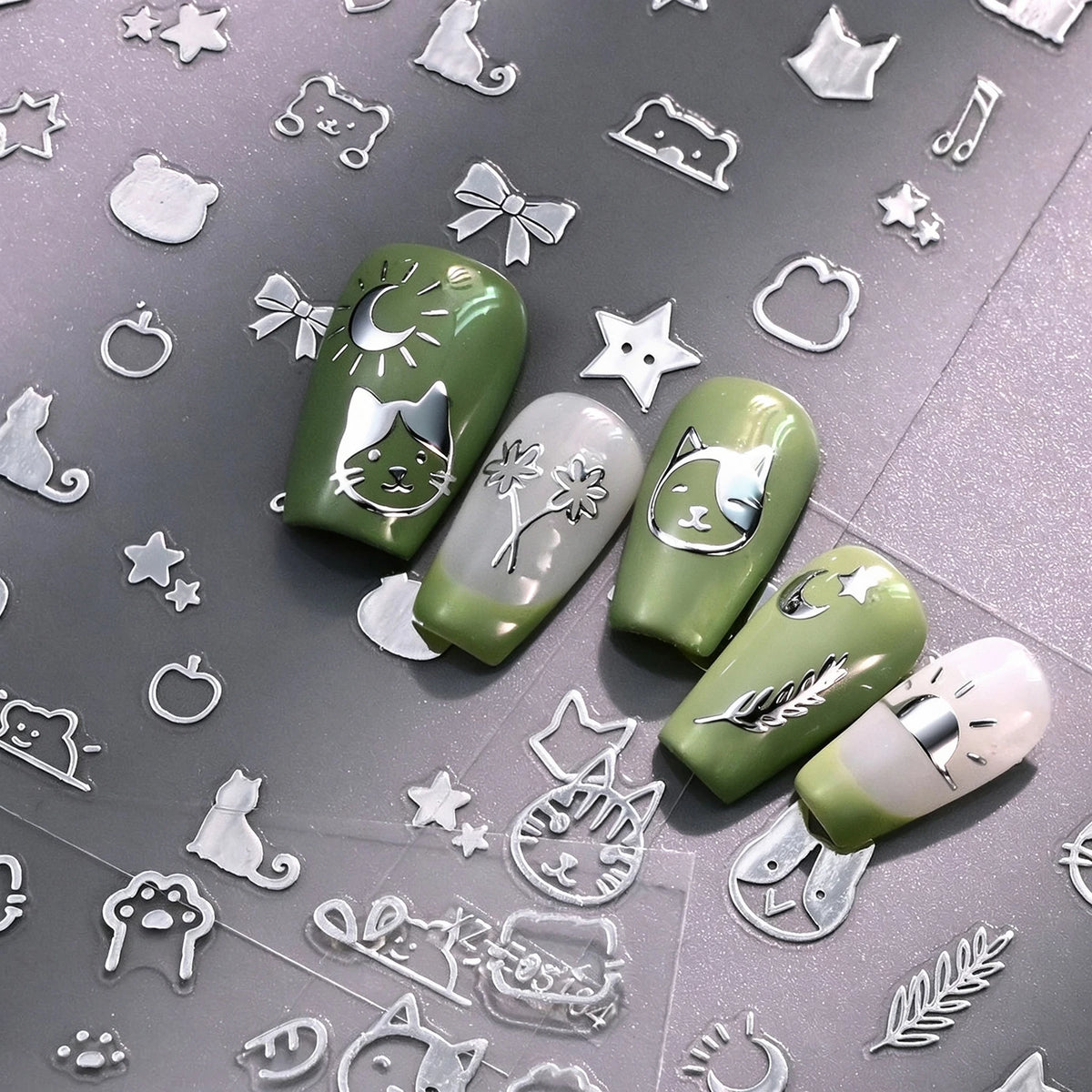 6-Piece Silvery Foil Nail Art Stickers – Cats Bears Hearts Nail Art Stickers PRIMED