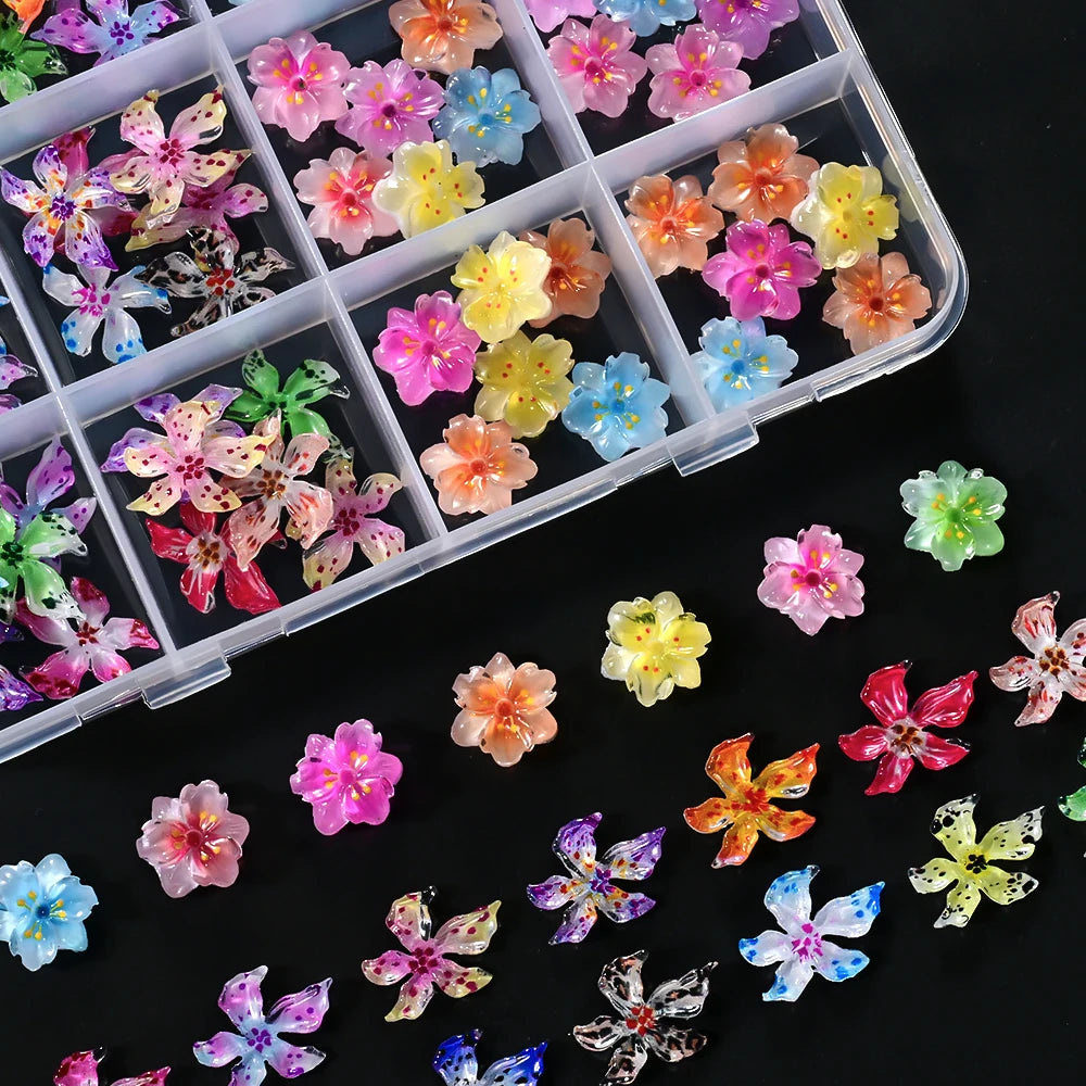 72Pcs 3D Flower Nail Charms – Sakura, Lily & Leopard Mix Nail Art Charms PRIMED