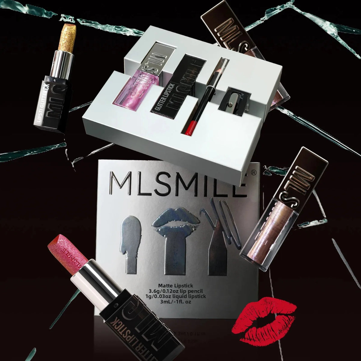 MLSMILE Diamond Lip Gloss, Matte Liner & Lipstick Kit