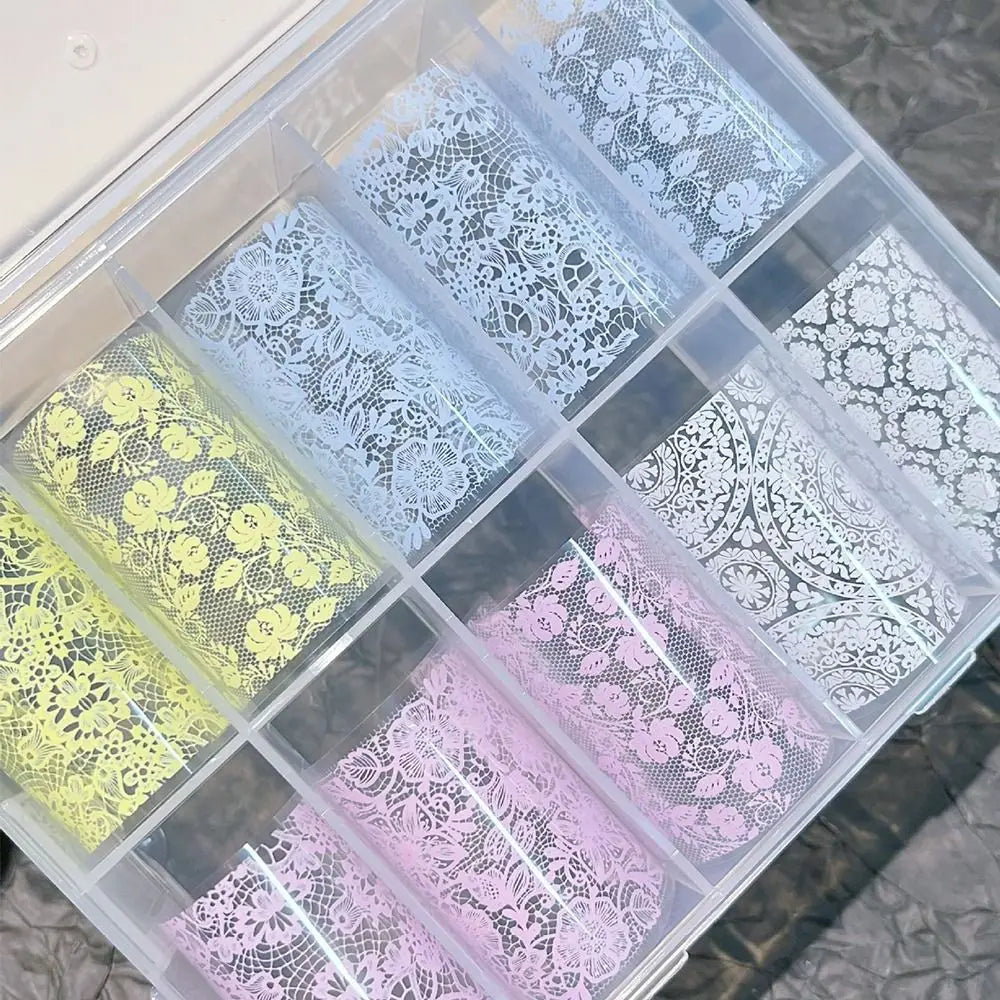 Lace Flower Nail Transfer Decals – Pink Blue White Foils