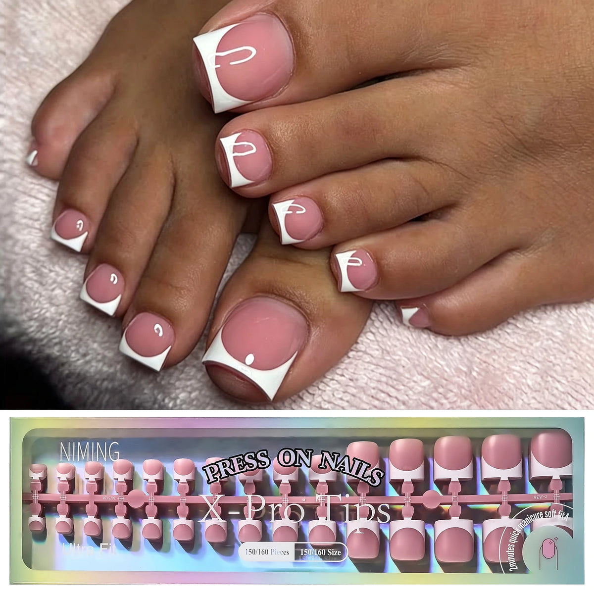 150Pcs Pink French Press-On Toenails – Glossy Nude Full Cover