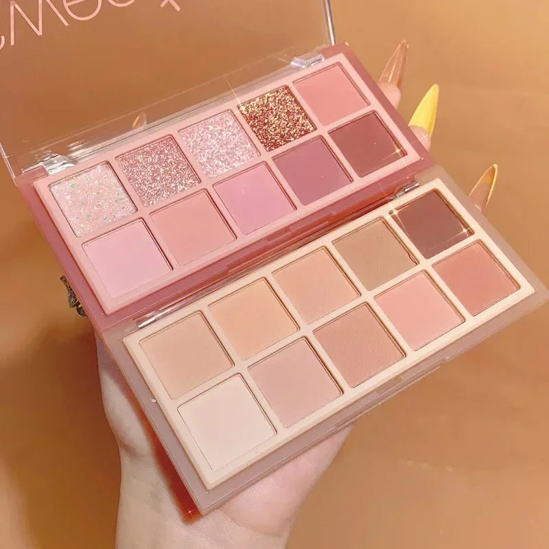 10-Color Glitter Shimmer Eyeshadow Palette – Waterproof & Nude