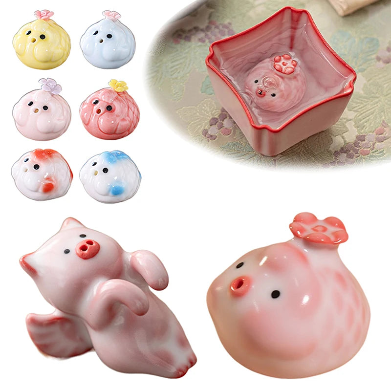 Ceramic Tea Pet Fish & Piggy Bubble Statue | Mug Decor Gift