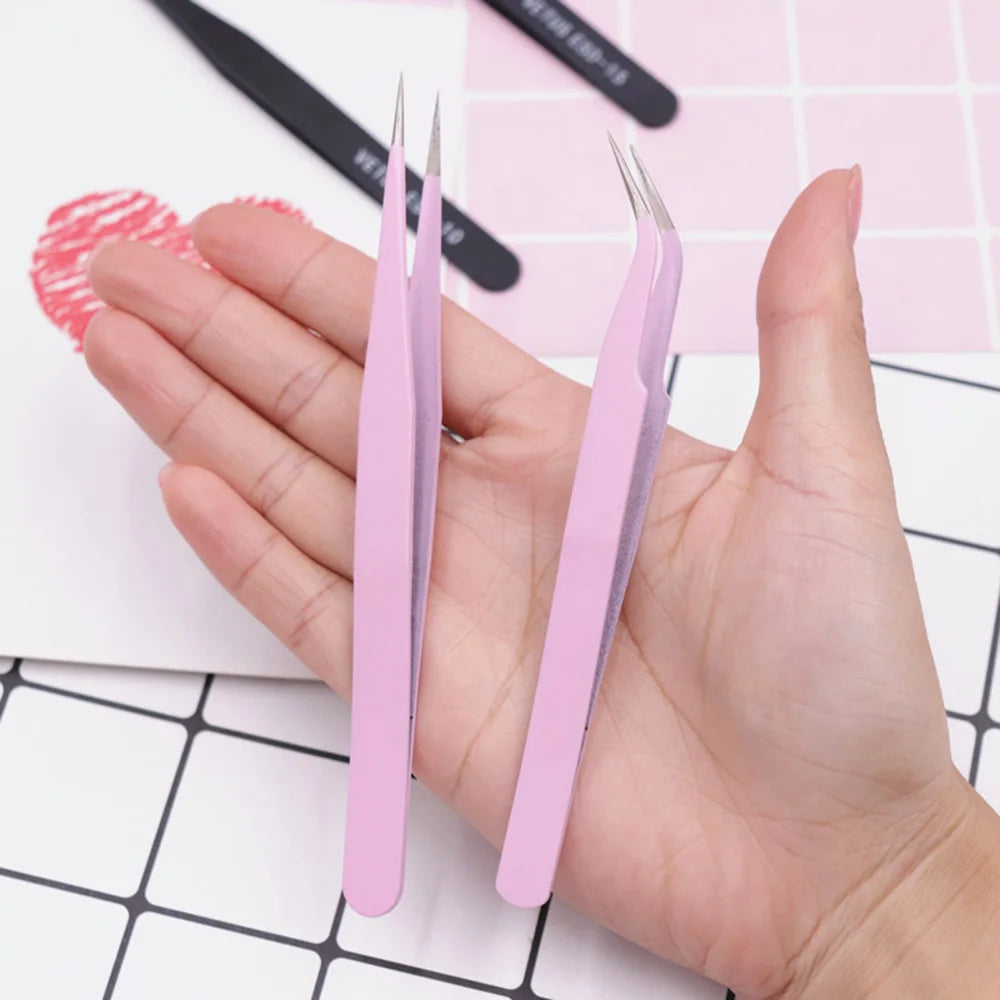 Pink Stainless Steel Eyelash Extension Tweezers – Straight & Curved Eyelash Tweezers PRIMED
