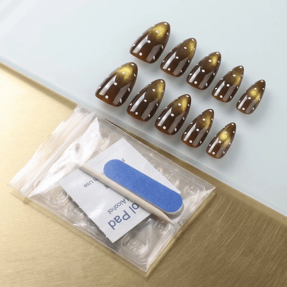 Cat Eye Almond Press-On Nails 24pc – Brown Polka Dot