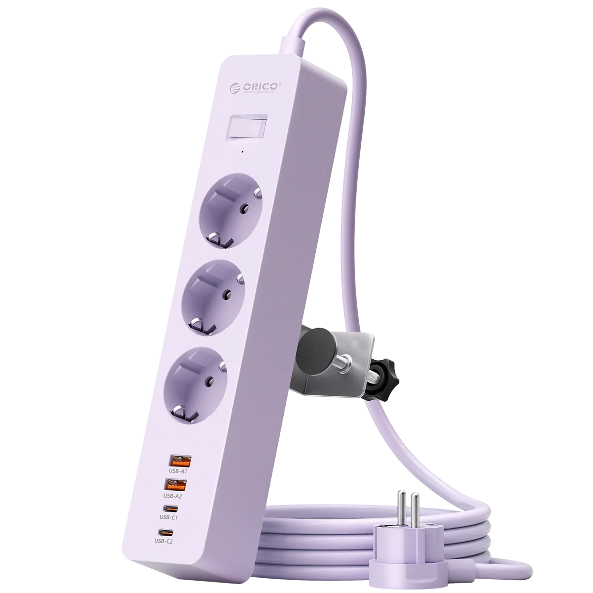 ORICO EU Desk Clamp Power Strip PD20W | 3 AC 4 USB Ports Desk Clamp Power Strip PRIMED 1.5M 3A2U2C Purple China Mainland EU Plug