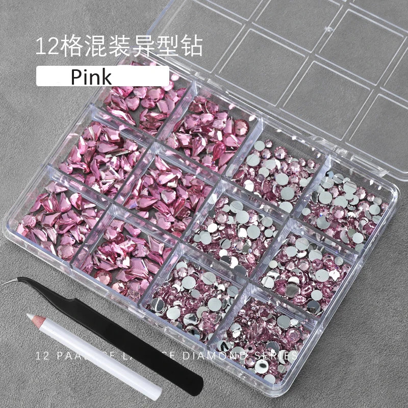 3D Crystal Nail Rhinestones Kit – 12 Shapes, Gems & Tweezer Nail Rhinestone Kit PRIMED ZB148-2