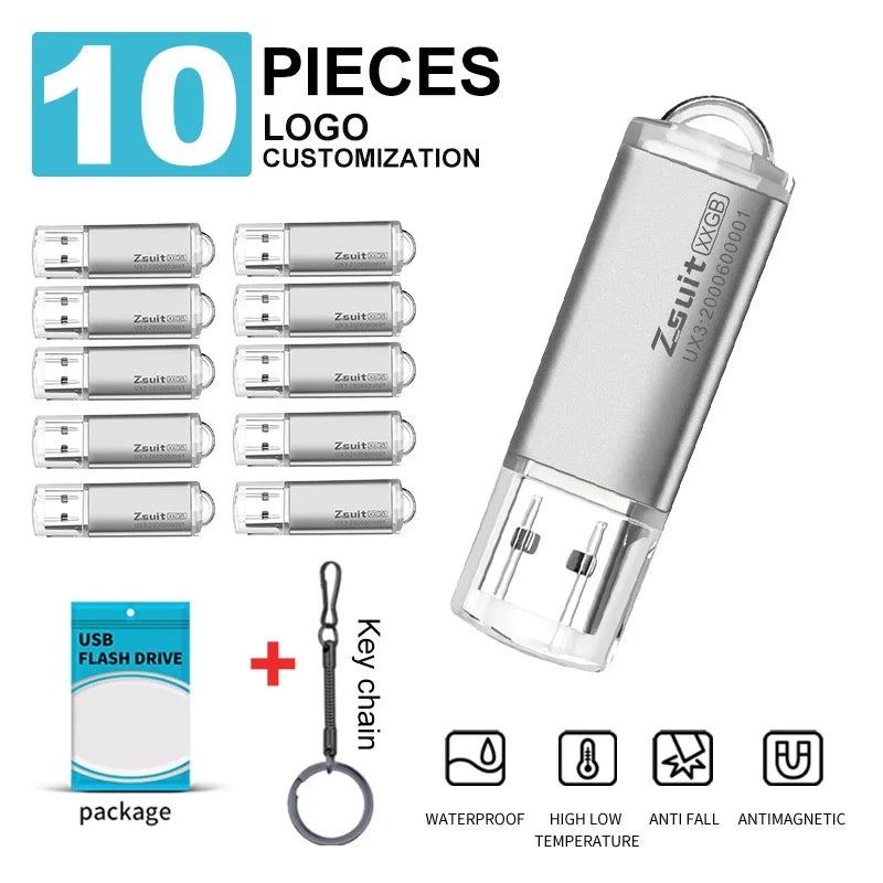 10-Pack Custom Logo Metal USB Flash Drives 2.0/3.0 | 32G 64G Custom USB Flash Drive PRIMED Silver 2.0-4GB