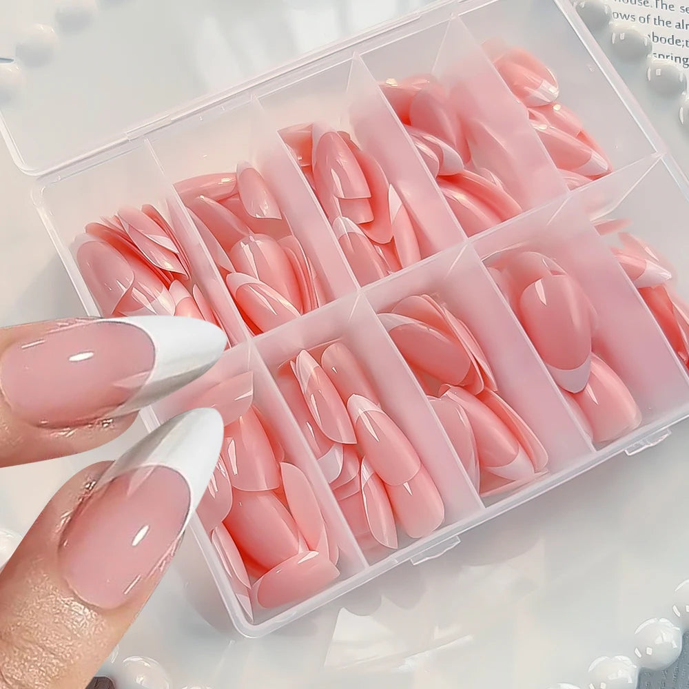 360-Piece Glossy Press On Nails – Pink French Almond Tips Box