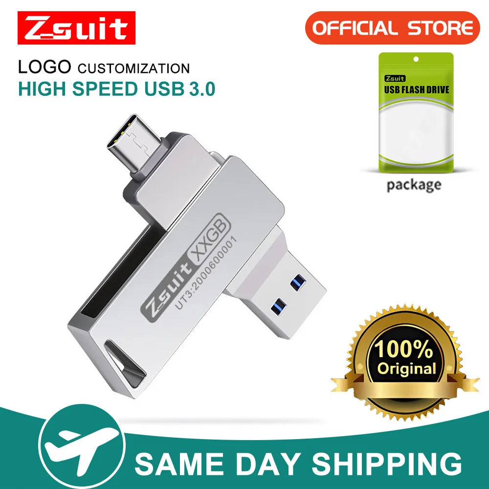 Zsuit 2-in-1 USB-C & USB 3.0 Flash Drive 64GB 128GB Rotate
