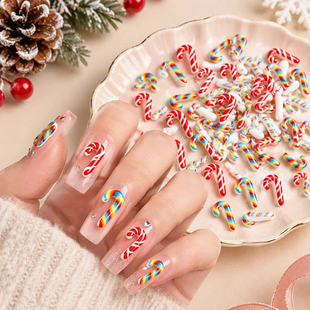 Christmas 3D Candy Cane Nail Charms 50Pcs – Xmas Nail Art Nail Art Charms PRIMED