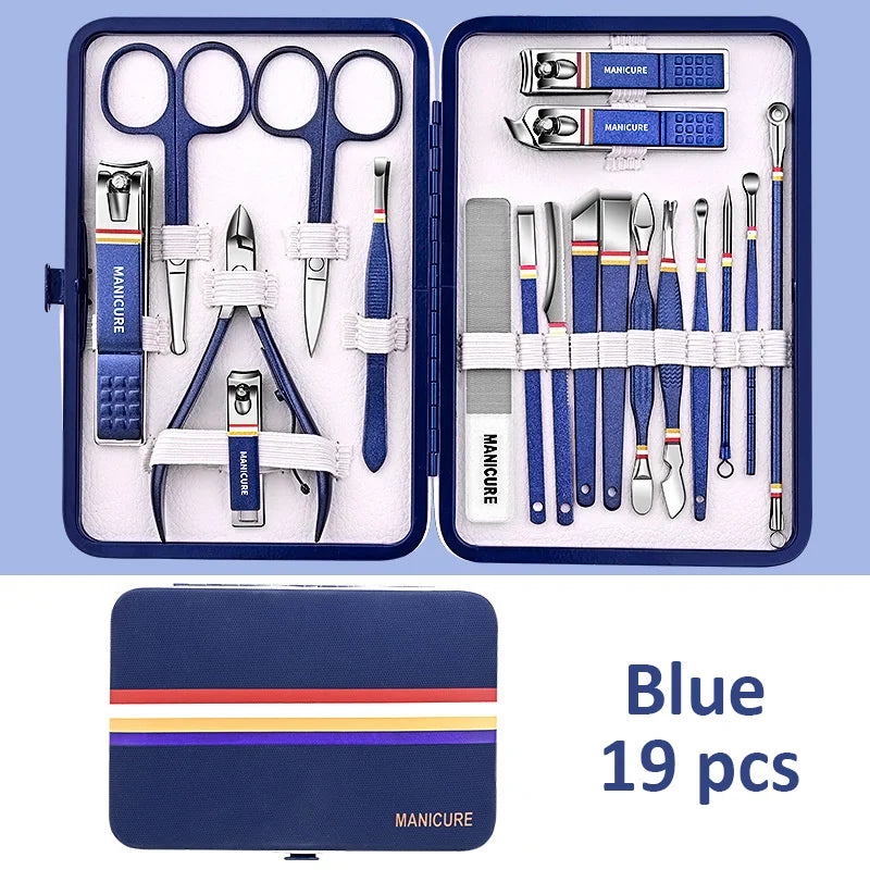 Stainless Steel Manicure Set 9–19 Pcs | Nail Clippers & Bag Manicure Tool Set PRIMED Blue 19 pcs