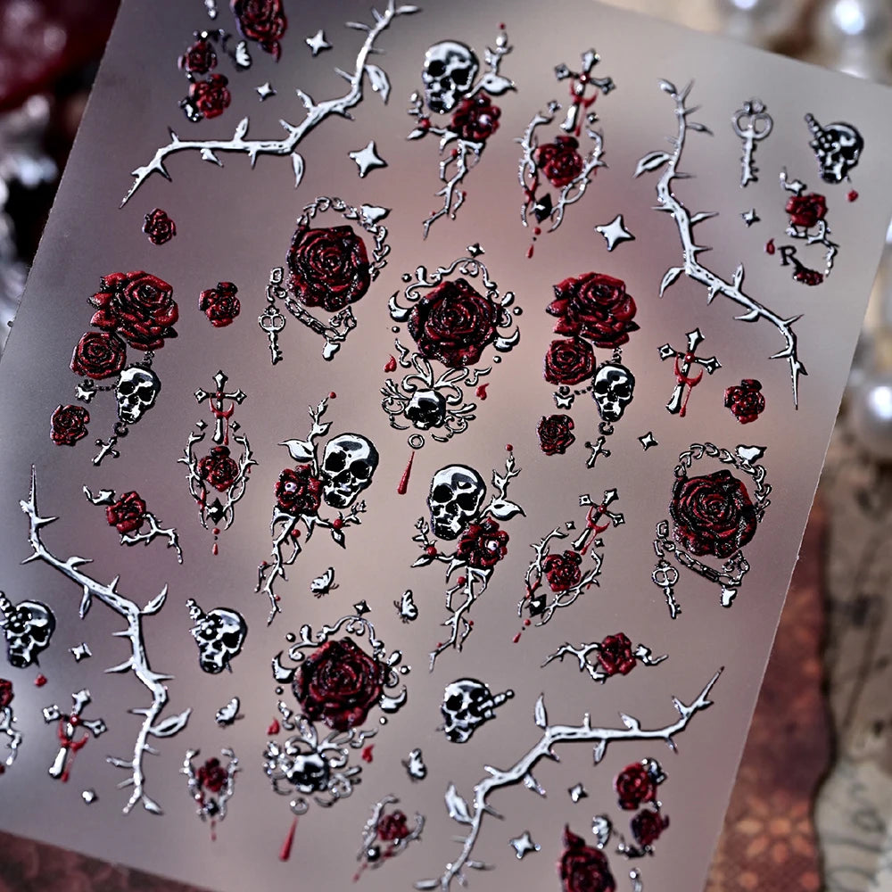 Punk Rose Skull Nail Art Stickers – 3D Hot Stamp Decals