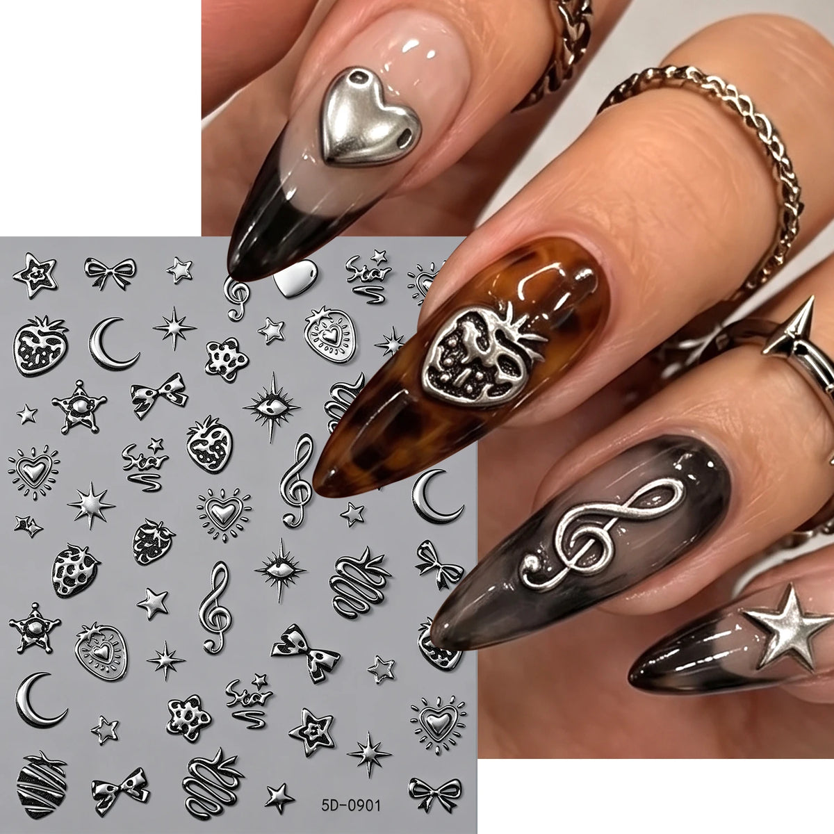 Punk Gothic Nail Art Stickers – Stars, Moon & Strawberry Decals