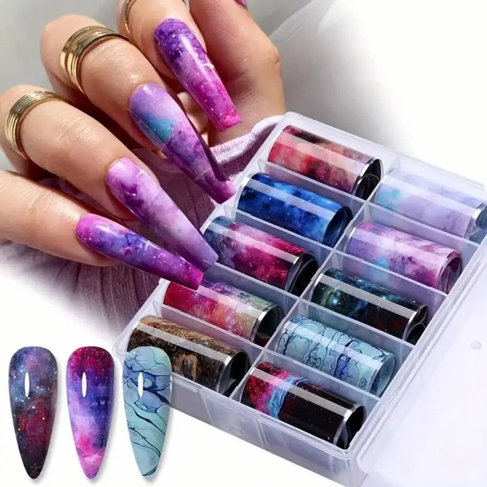 Marble Aurora Nail Art Foil Transfer Stickers – 10 Rolls