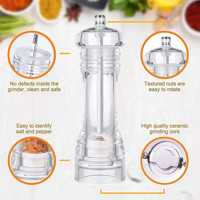 Clear Acrylic Salt & Pepper Grinder Mill | Adjustable Coarseness Spice Grinder Mill PRIMED
