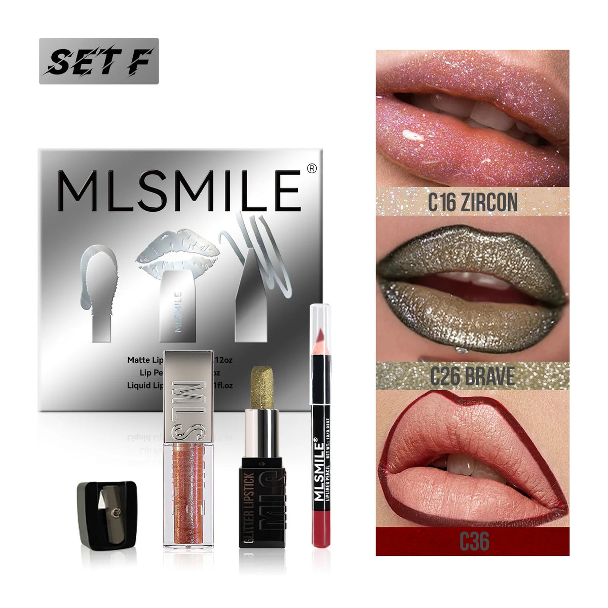 MLSMILE Diamond Lip Gloss, Matte Liner & Lipstick Kit