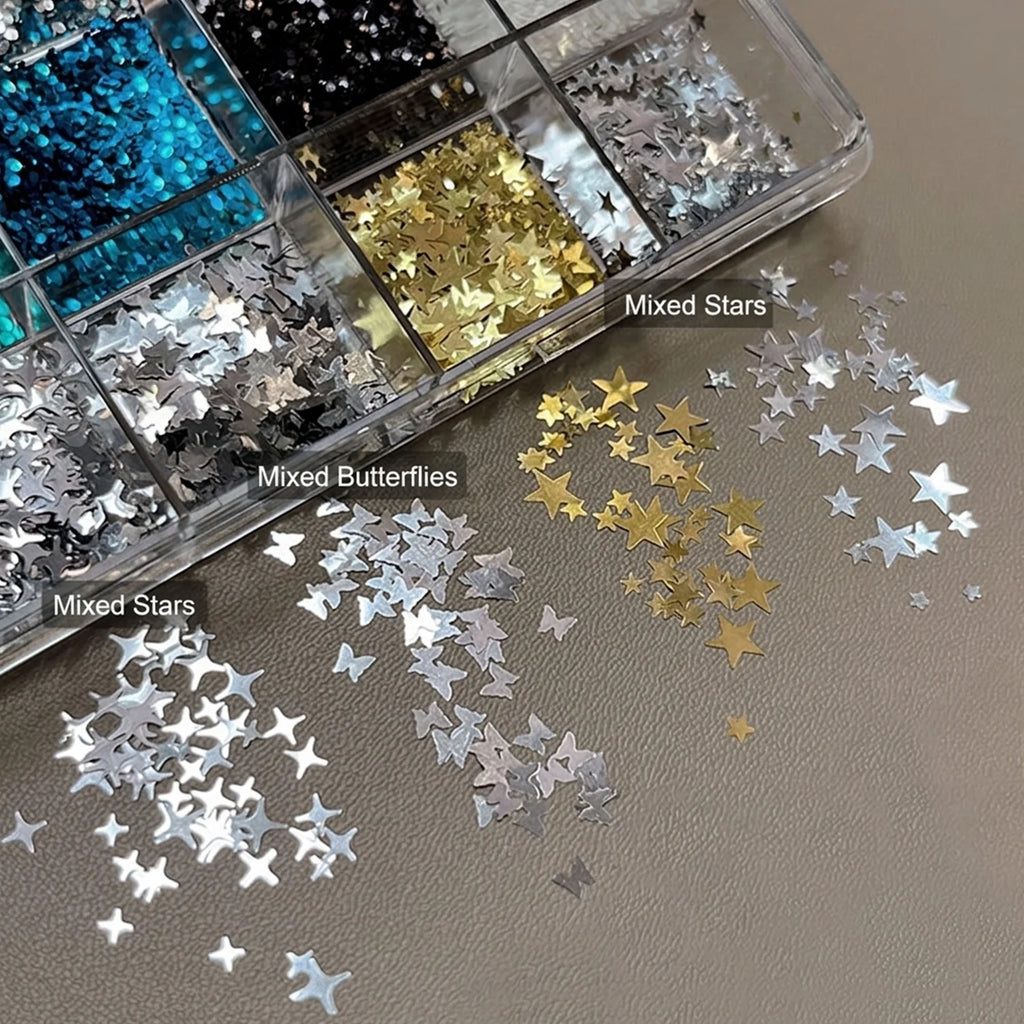 12-Grid Nail Glitter Set – Stars, Sequins & Butterfly Decor Nail Art Decoration PRIMED