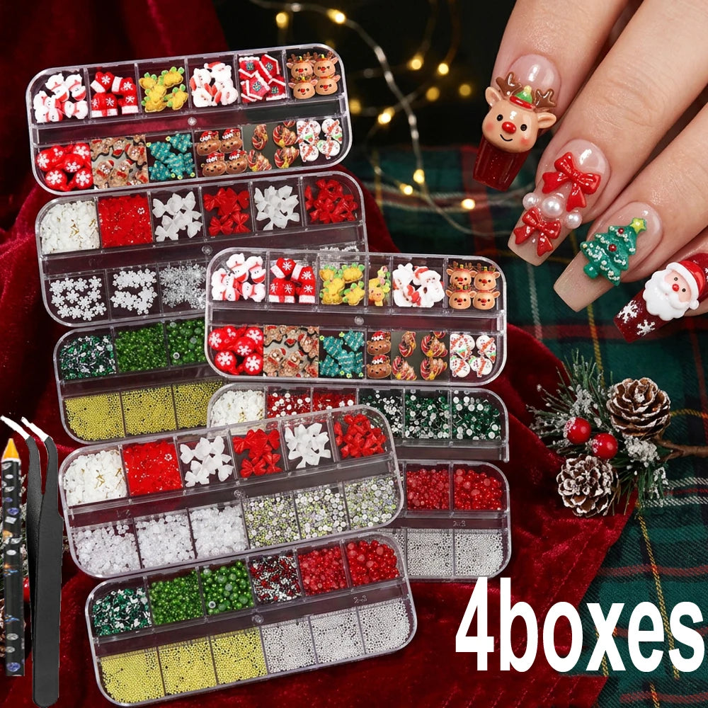 Christmas Nail Charms 4-Box Set – Santa, Snowflake & Caviar Beads Nail Art Charms PRIMED 4 Box