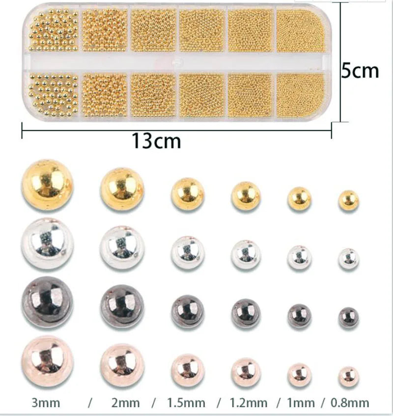 Nail Art Metal Round Beads 0.8–3.0mm Gold Silver | 12-Grid Box Nail Art Beads PRIMED
