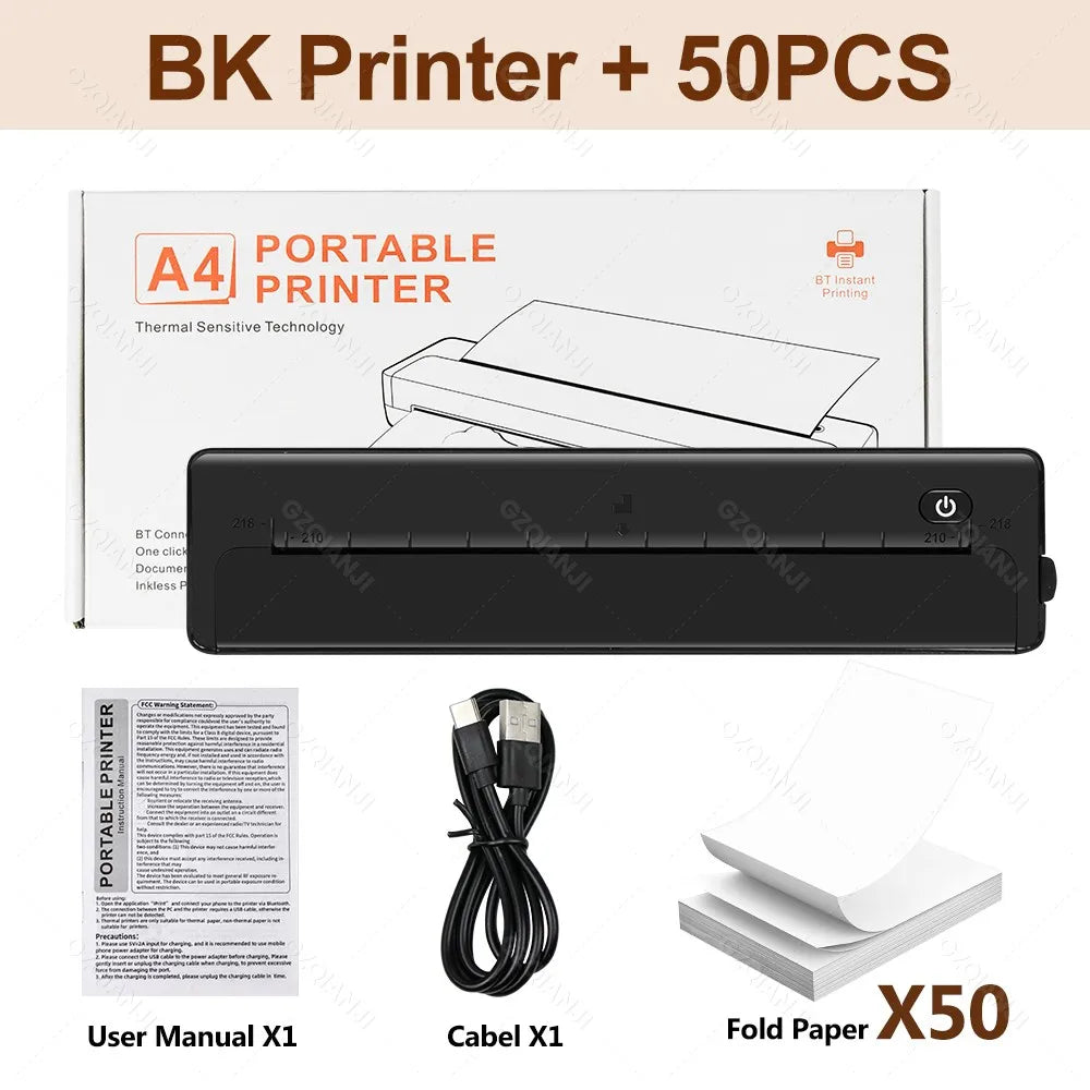 A4 Bluetooth Thermal Printer Portable Inkless – 50 Sheets Included Portable Thermal Printer PRIMED BK Add 50pcs