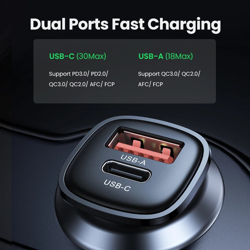 UGREEN 30W USB-C Car Charger PD 3.0 & QC 3.0 Dual Port USB Car Charger PRIMED