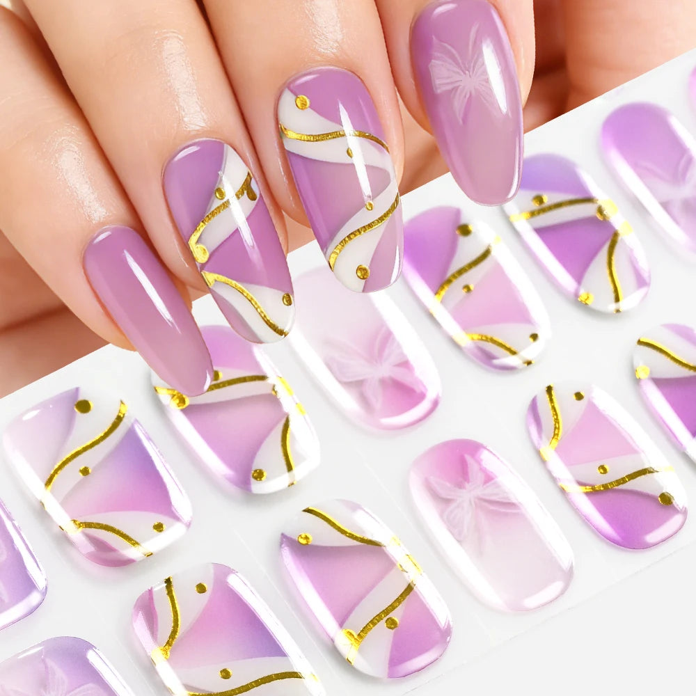 5D Semi-Cured Gel Nail Stickers – Golden Embossed Rabbit Pink Purple Gel Nail Stickers PRIMED 08