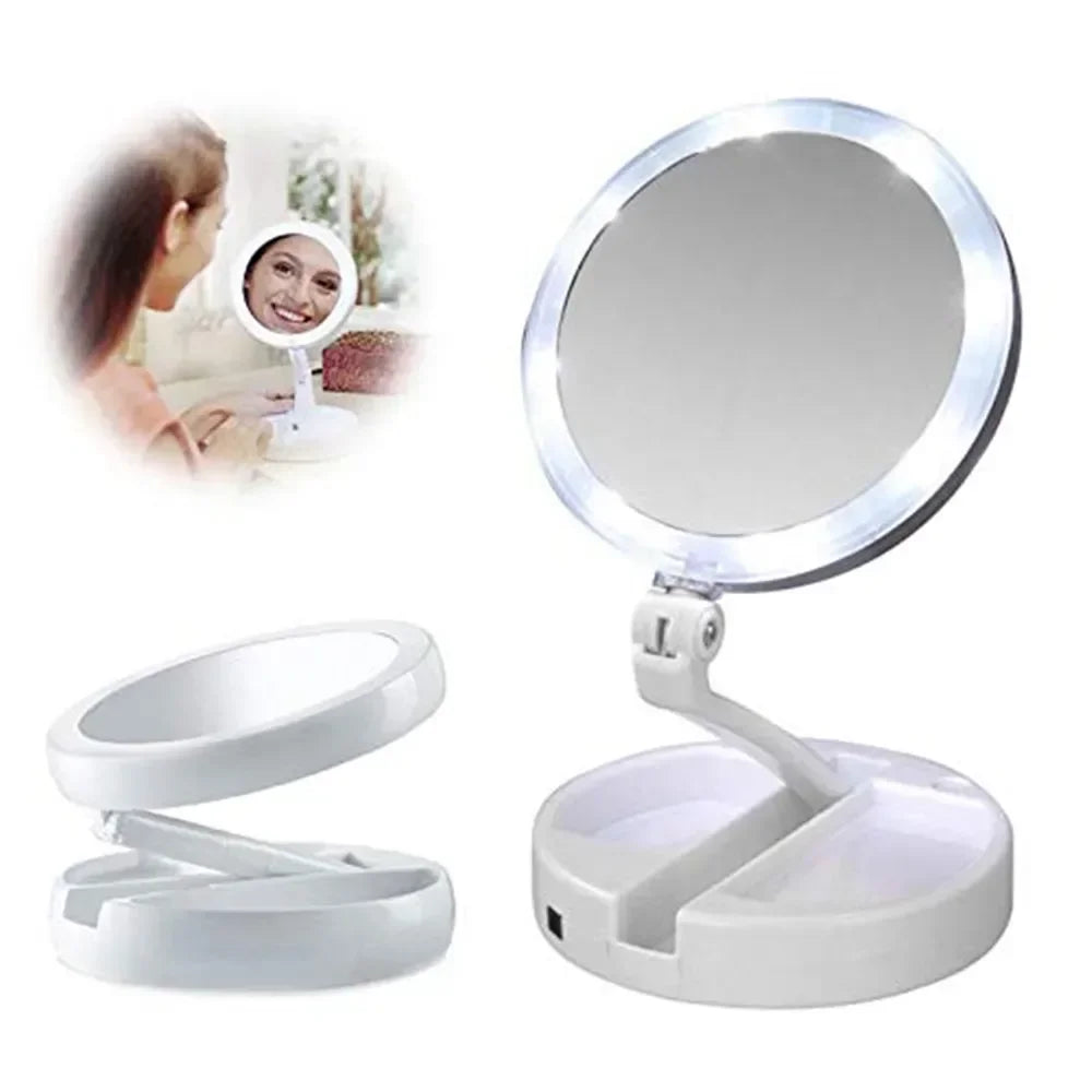 LED Lighted Folding Makeup Mirror – 1x/10x Magnifying, USB & Battery Lighted Makeup Mirror PRIMED