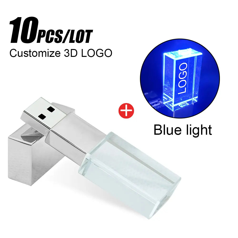 10-Pack Crystal USB 2.0 Flash Drive LED Light 4GB–128GB Logo USB Flash Drive PRIMED 32 GB Silver-Blue