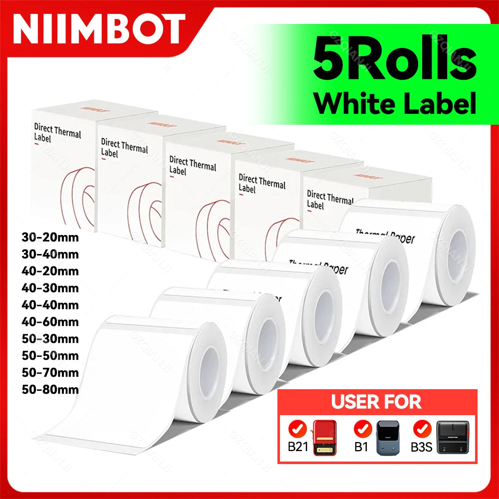 Niimbot Thermal Label Paper 5 Rolls 30–50mm | B1 B21 B203 B3S Thermal Label Rolls PRIMED