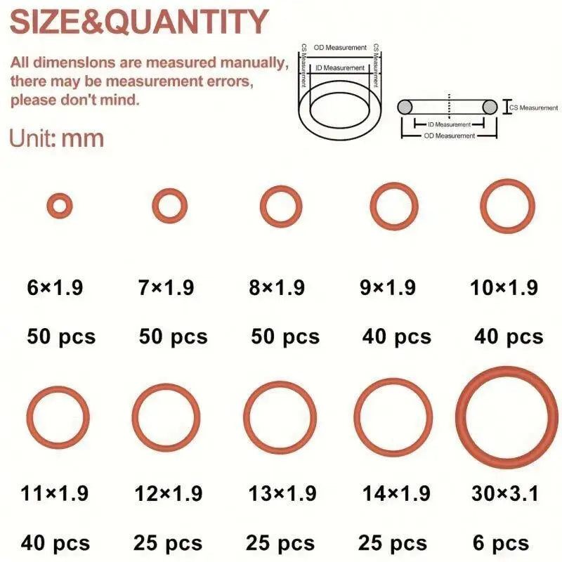 351-Pc Silicone O-Ring Set – 10 Sizes, Oil & Heat Resistant
