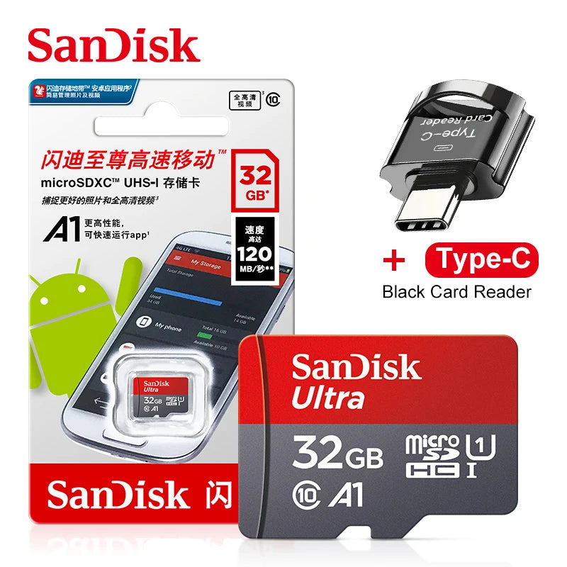 SanDisk A1 Micro SD Card 32–256GB 100MB/s + Type-C Reader Micro SD Card PRIMED 32GB Type-C