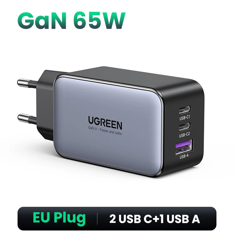 UGREEN 65W GaN 3-Port USB-C PD Fast Charger for Laptop & Phone USB-C Wall Charger PRIMED 3 Ports GaN 65W EU China