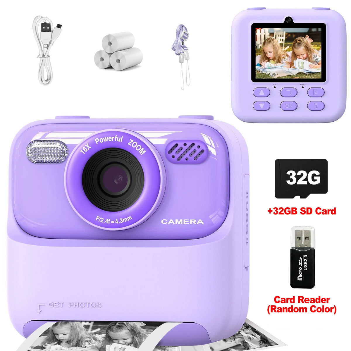 Kids Instant Print Camera 1080P HD | 58mm Thermal, Ages 3–12 Kids Instant Camera PRIMED PE 3Rolls 32G Card