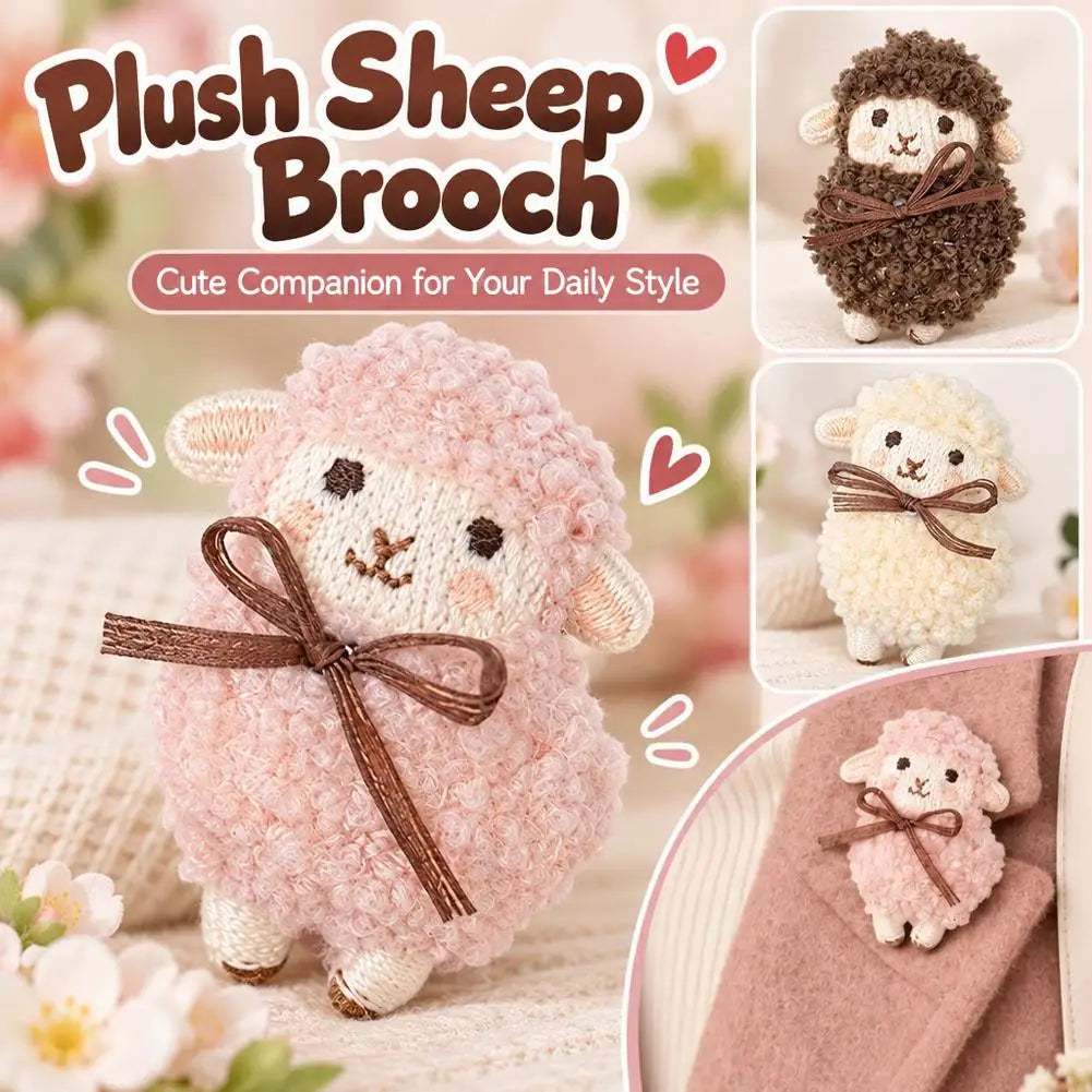 Plush Woolly Lamb Brooch Pin – Fluffy Sheep with Bowknot