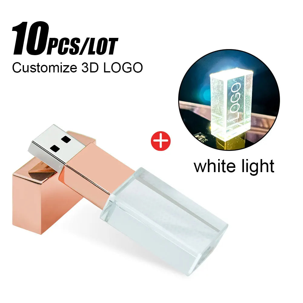 10-Pack Crystal USB 2.0 Flash Drive LED Light 4GB–128GB Logo USB Flash Drive PRIMED 32 GB Rose-White