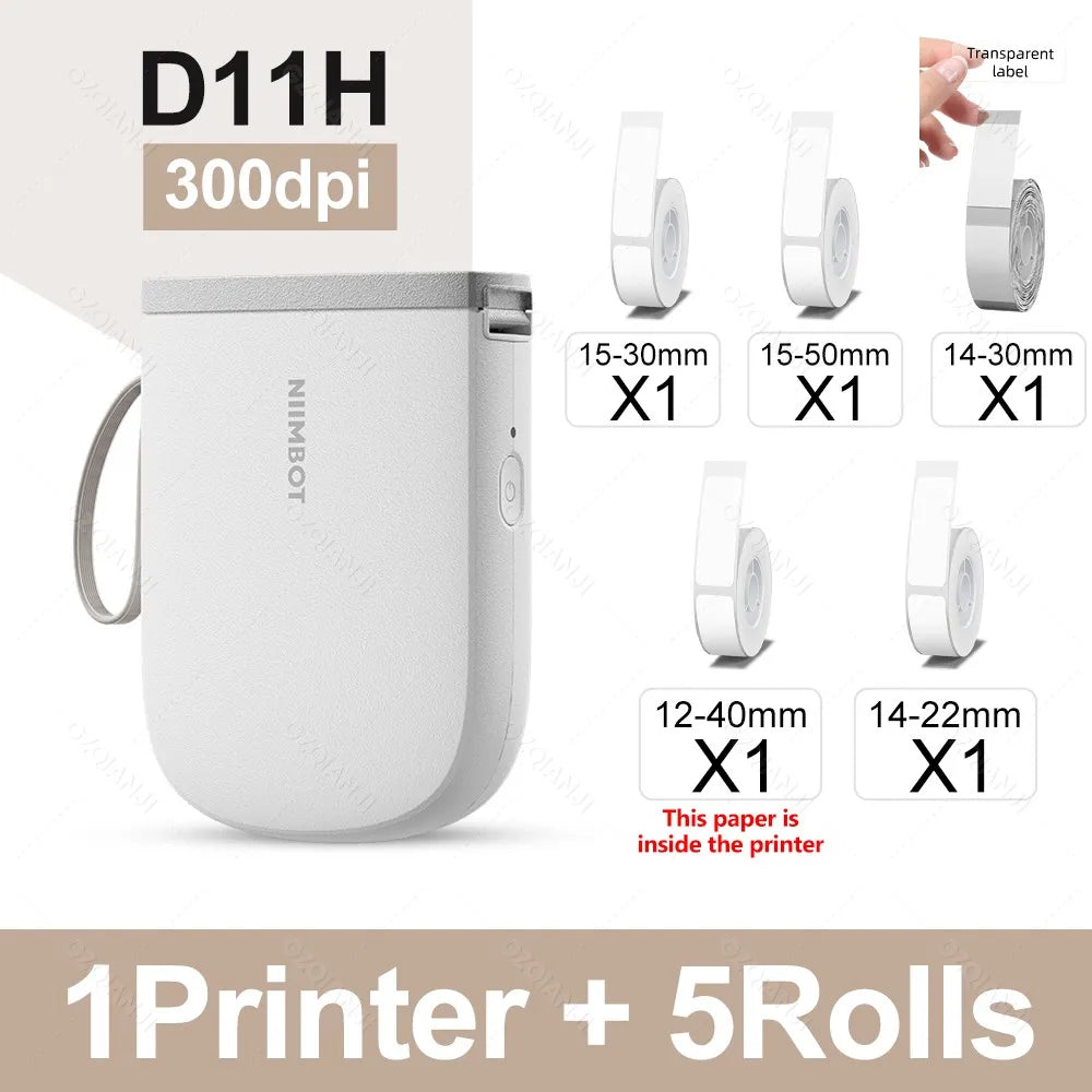 Niimbot D11H 300DPI Bluetooth Portable Thermal Label Printer Thermal Label Printer PRIMED WH Add 5Rolls