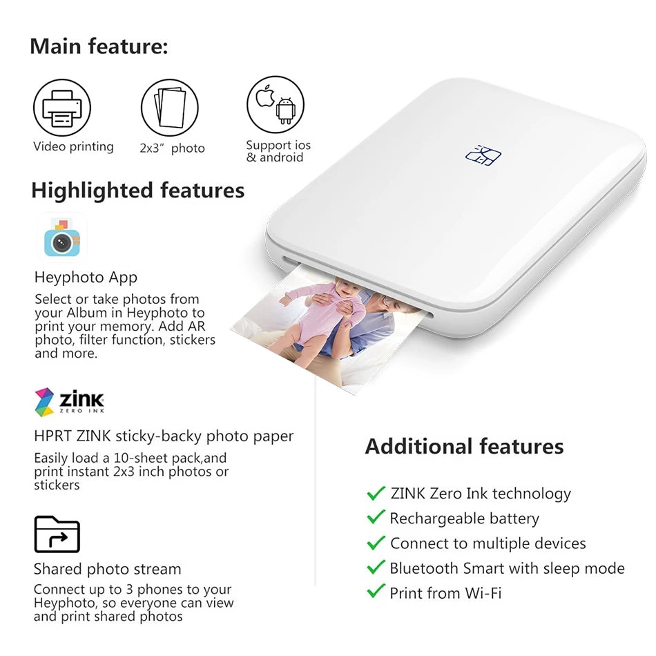 HPRT MT53 Pocket Photo Printer 2x3" Wireless Bluetooth Zink Pocket Photo Printer PRIMED