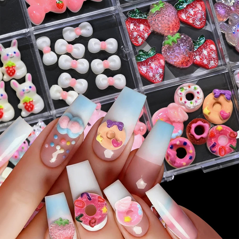 12-Grid 3D Nail Charms – Crystal Rabbit, Bow & Fruit Set Nail Art Charms PRIMED