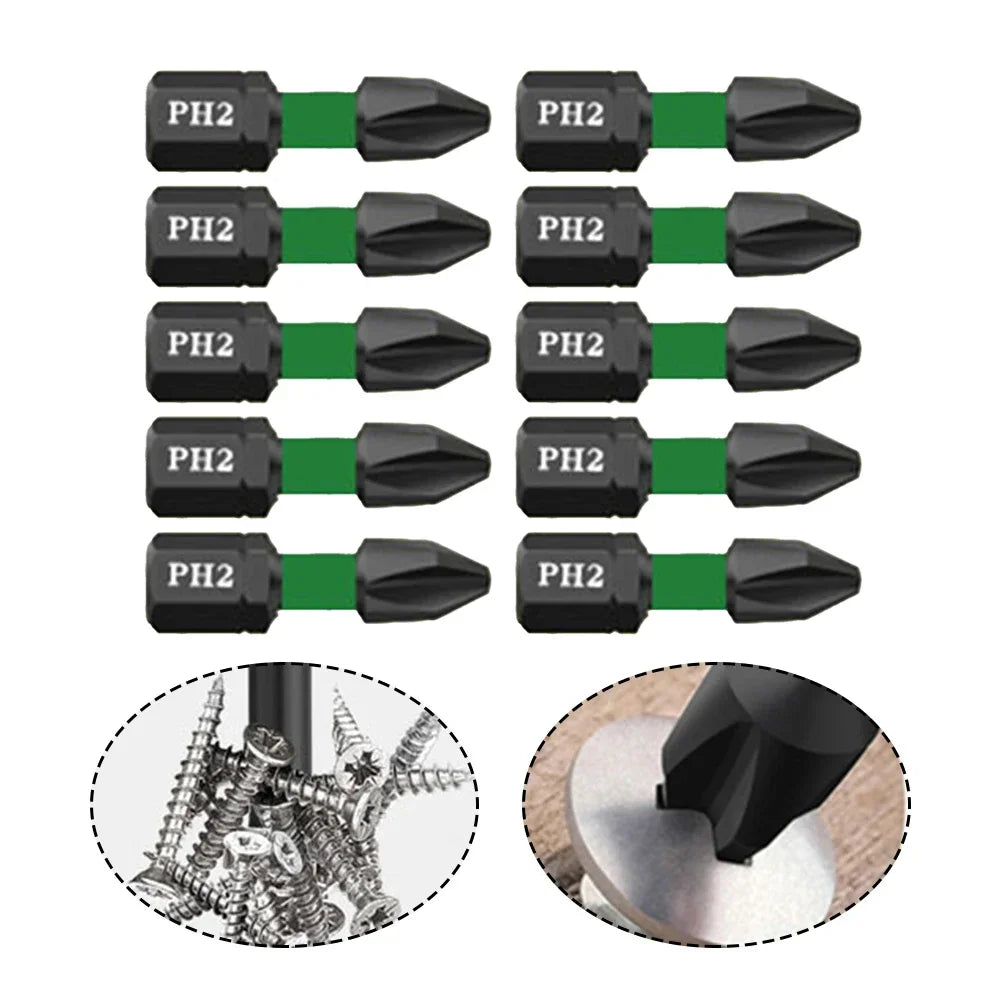 10-Pack 25mm PH2 Magnetic Screwdriver Bits | Non-Slip Steel
