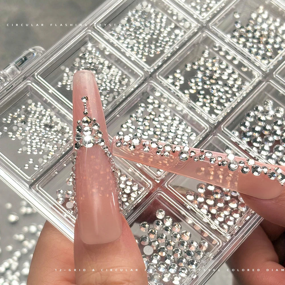 12-Grid Mixed AB Crystal Nail Rhinestones & Glitter Gems Set Nail Art Rhinestones PRIMED