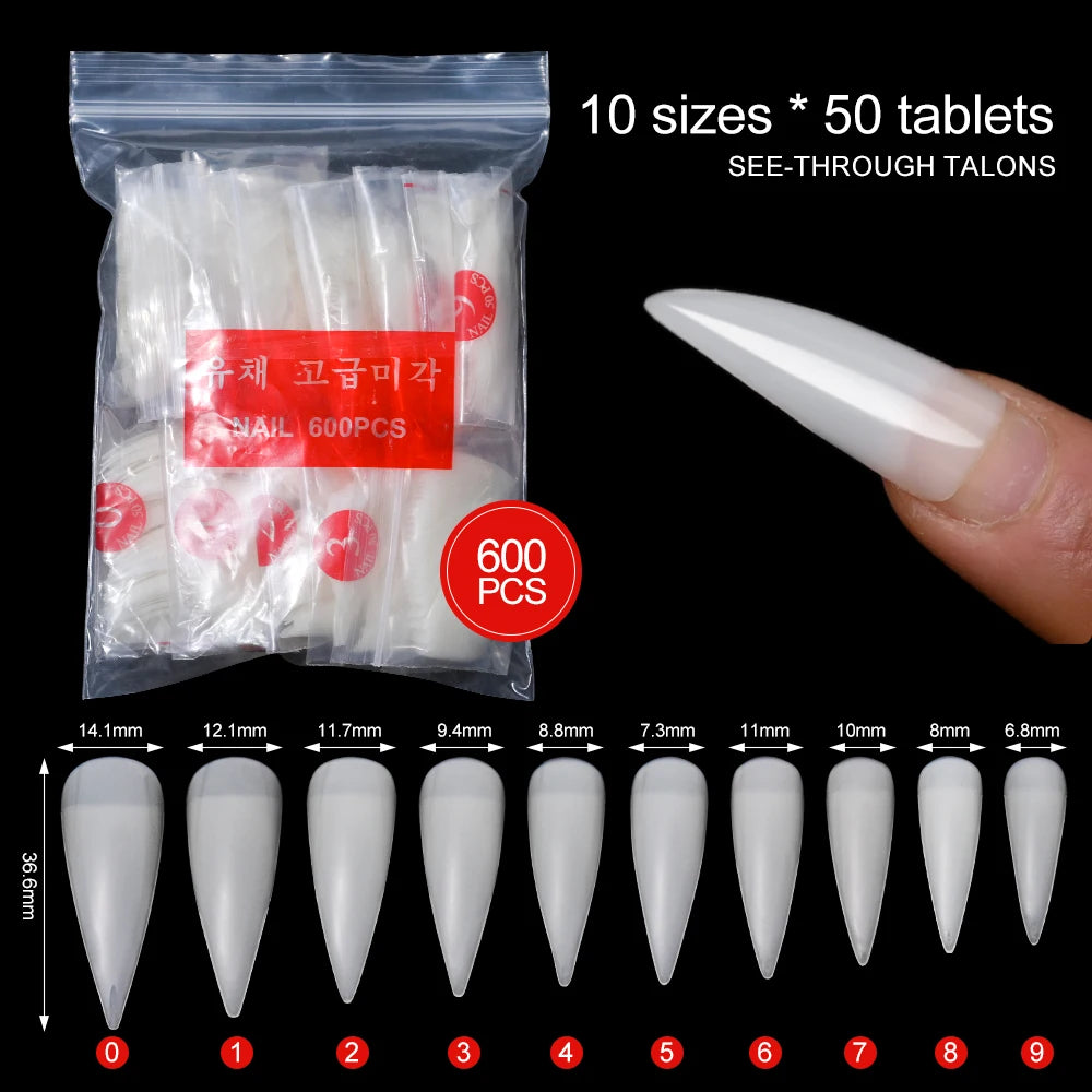 600pcs Stiletto Claw False Nail Tips Clear & Natural | Sizes 0–9