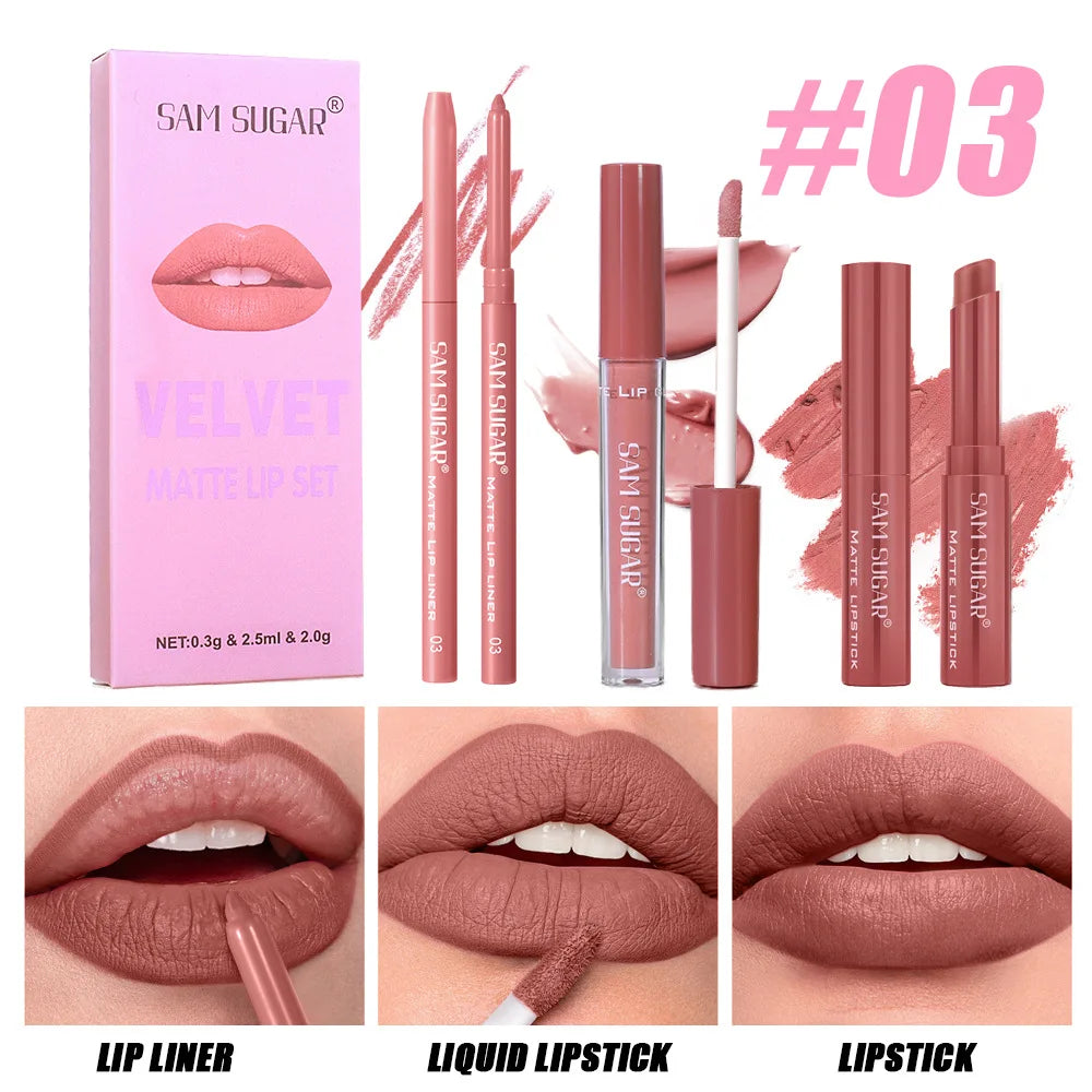 SAM SUGAR 3-in-1 Matte Lip Kit | Long-Lasting Waterproof Set