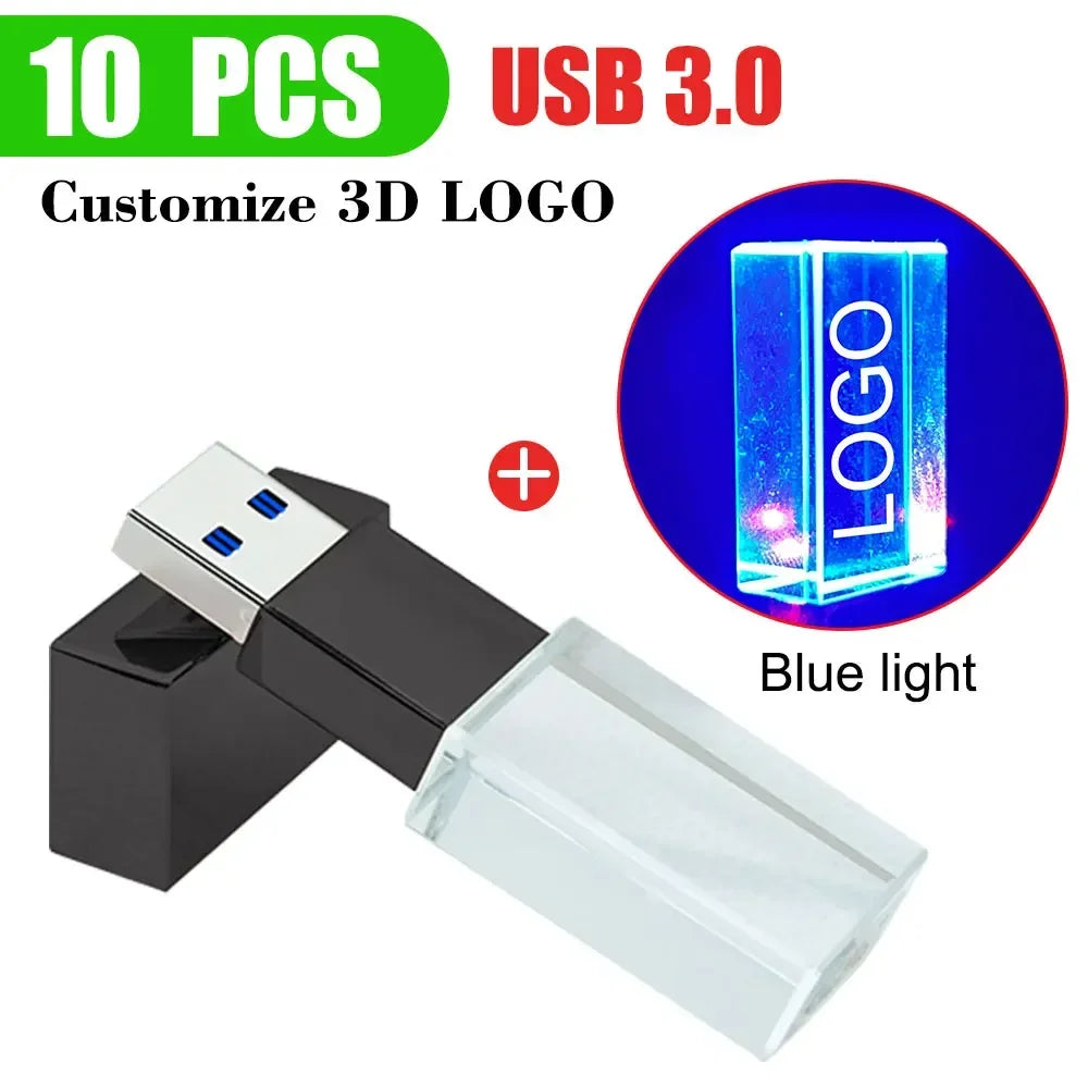 10-Pack Crystal 3D USB 3.0 Flash Drives | Free Engraved Logo USB Flash Drive PRIMED 8GBx10pcs black - blue led
