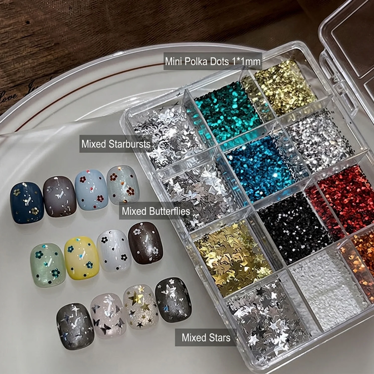 12-Grid Nail Glitter Set – Stars, Sequins & Butterfly Decor Nail Art Decoration PRIMED 12Grid Box